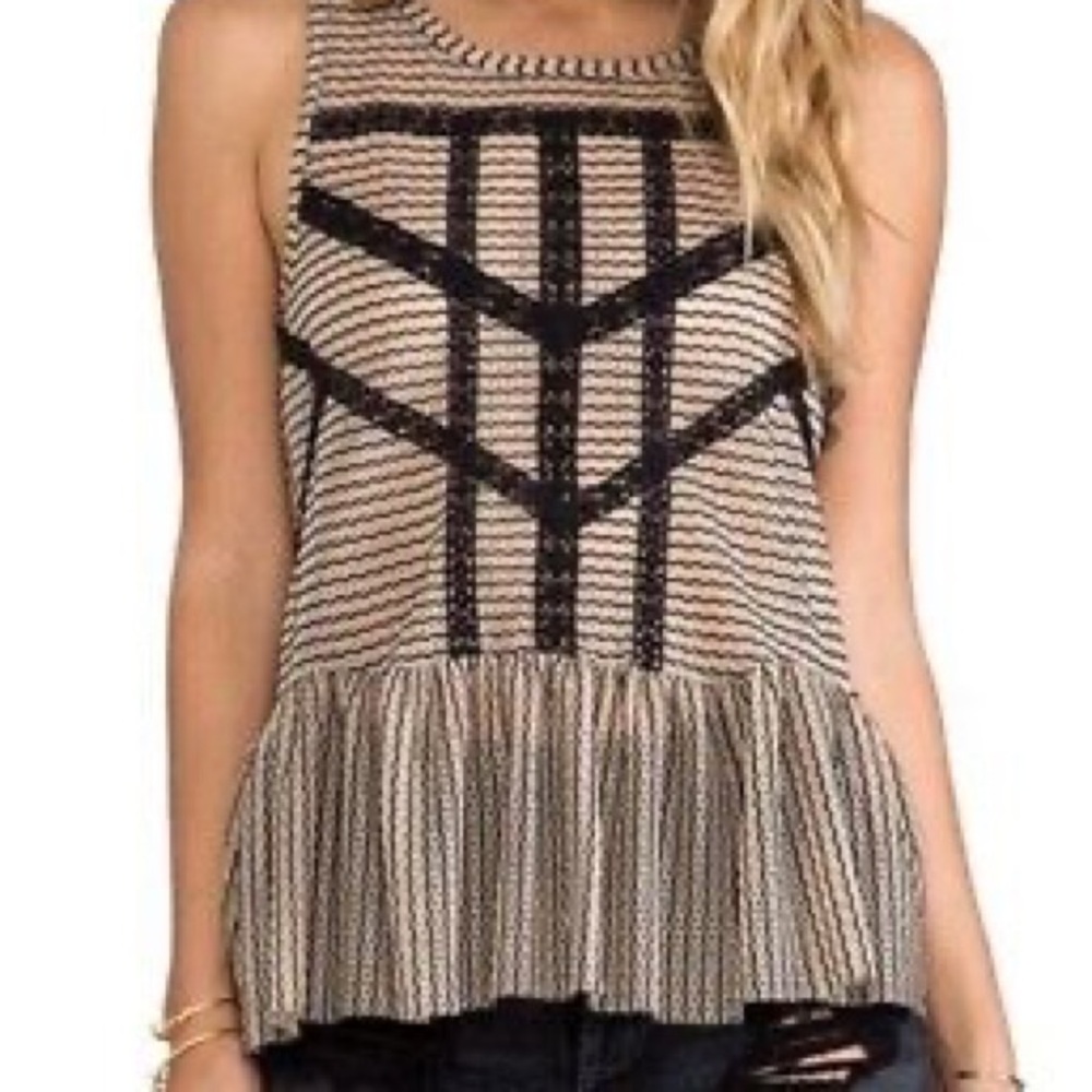 Free People Tops | Black & Toasted Almond Lace Striped Sheer Peplum Top | XS